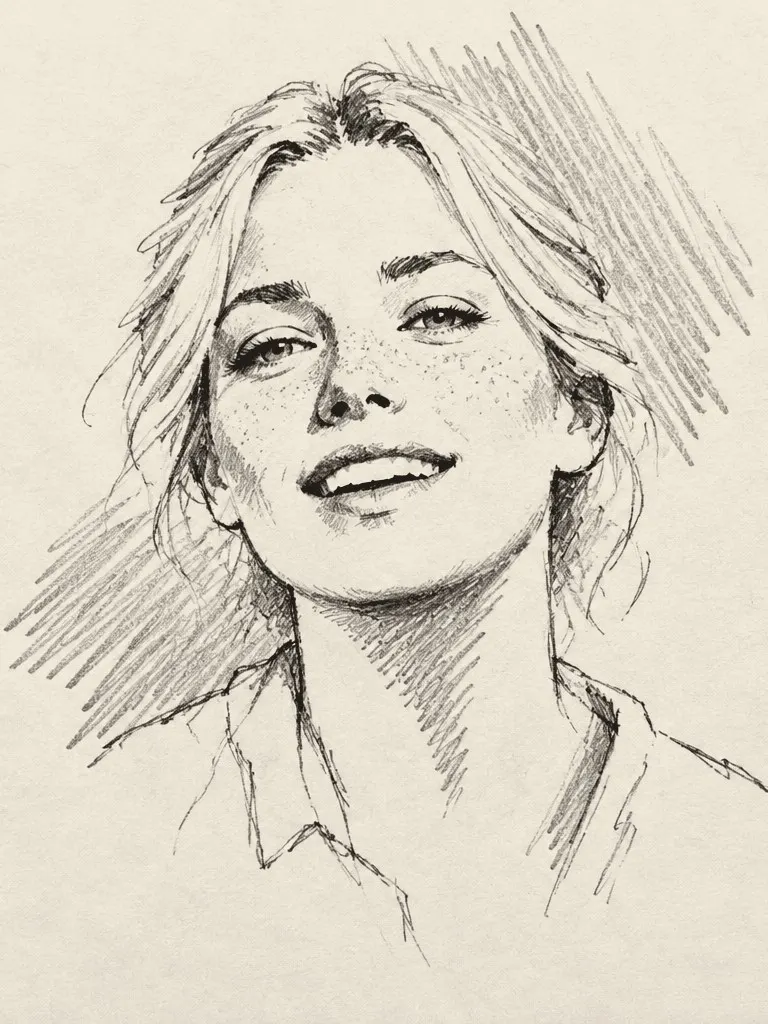 Example portrait: quick pencil sketch of an imagined woman in her thirties with fair hair and freckles, smiling
