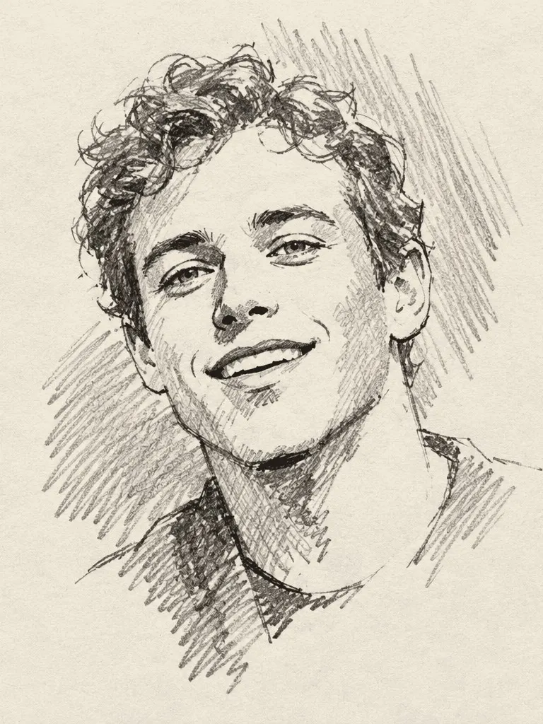 Example portrait: quick pencil sketch of an imagined man in his thirties with curly hair and a wide smile
