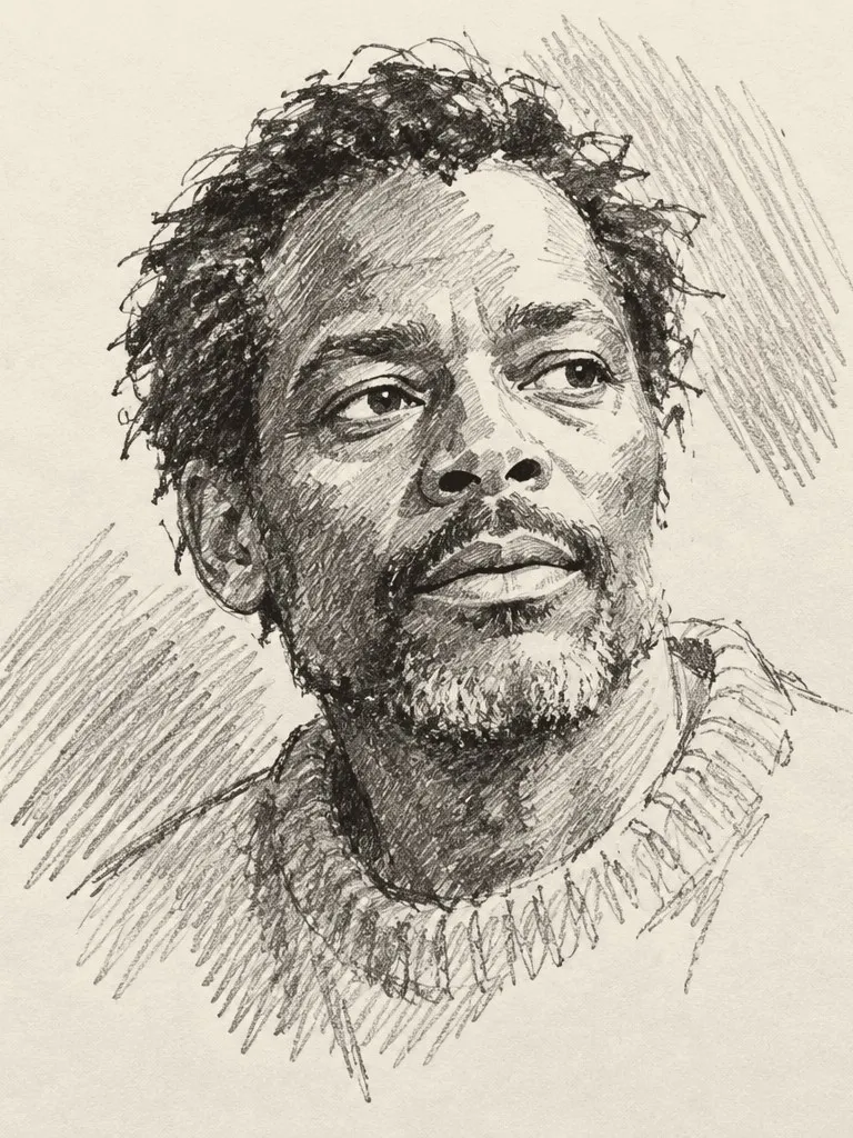 Example portrait: quick pencil sketch of an imagined man in his fifties with short dark hair, a gray beard and a knit sweater