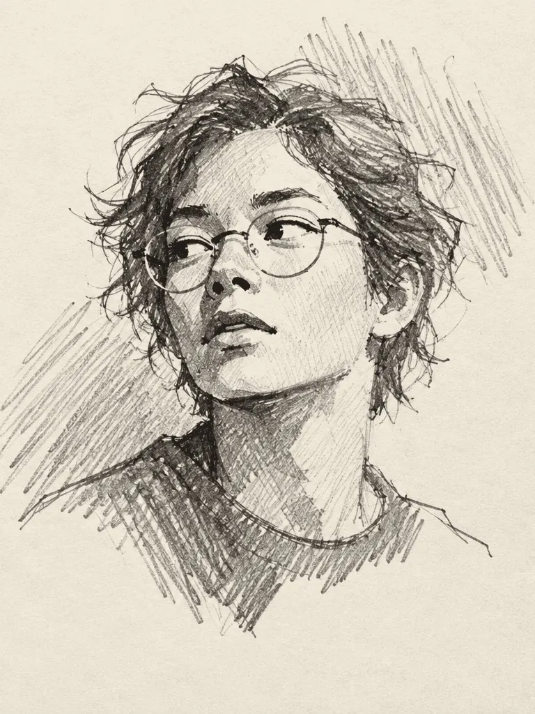 Example portrait: quick pencil sketch of an imagined non-binary person in their twenties with short tousled hair and round glasses