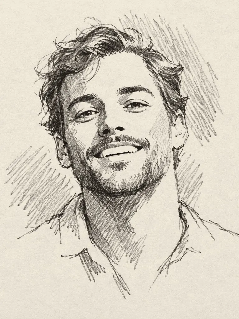 Example portrait: quick pencil sketch of an imagined man in his thirties with a short beard and an easy smile