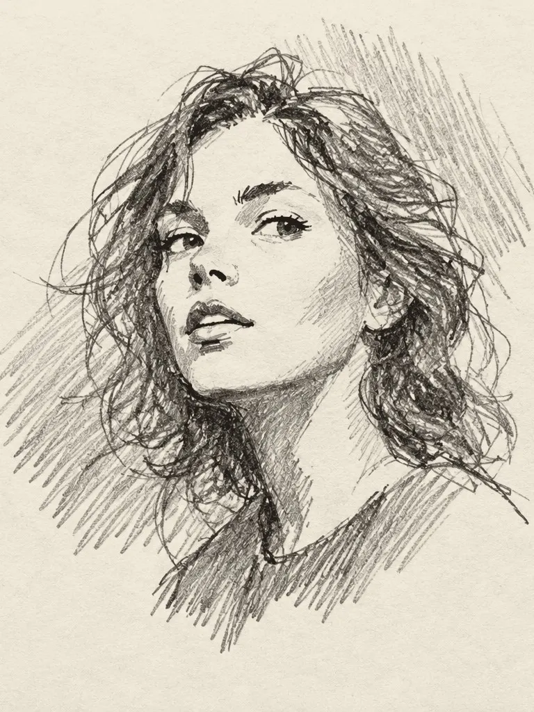 Example portrait: quick pencil sketch of an imagined woman in her twenties with loose wavy hair, looking over her shoulder