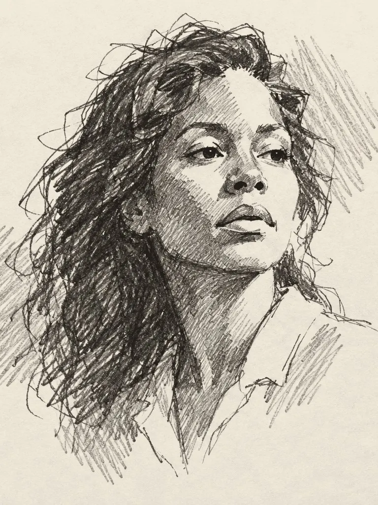 Example portrait: quick pencil sketch of an imagined woman in her forties with long dark hair and deep brown skin