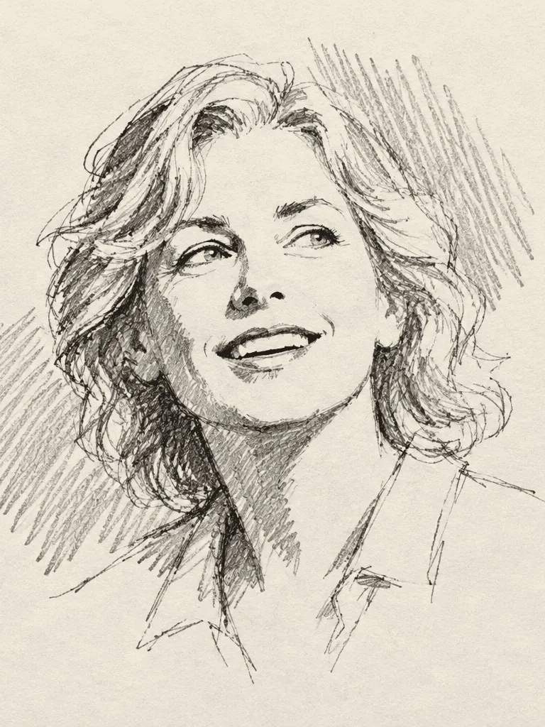Example portrait: quick pencil sketch of an imagined woman in her fifties with light wavy hair, smiling